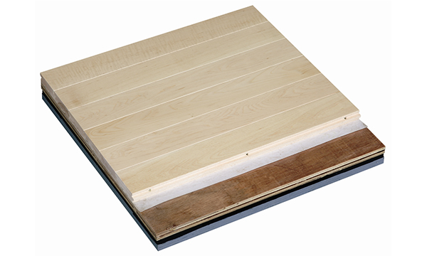 面层地板:枫木等硬杂木 吸音减震膜:无纺布 毛地板:防水弹力多层板